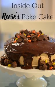 Inside Out Reese's Poke Cake- This cake is delicious! Chocolate cake, Peanut butter filling, peanut butter buttercream icing, chocolate ganache, and covered in reese's. Talk about deliciousness!