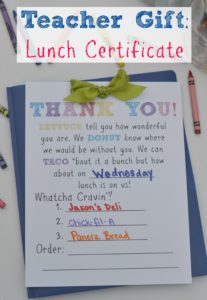 Teacher Gift Lunch Certificate. This teacher gift is perfect for Back to school teacher gifts, End of school teacher gifts or any other occasion. Buy your teacher lunch! Teacher Appreciation Gift.