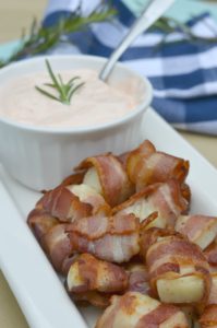 Bacon Wrapped Potato Bites with Spicy Sour Cream Dip