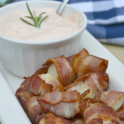 Bacon Wrapped Potato Bites with Spicy Sour Cream Dip