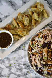 Pan Seared Wontons with Asian Chicken Salad and Dipping Sauce