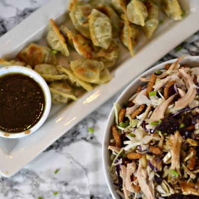 Pan Seared Wontons with Asian Chicken Salad and Dipping Sauce