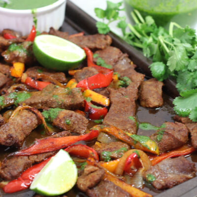 Sheet Pan Steak Fajitas with Authentic Chimichurri Sauce